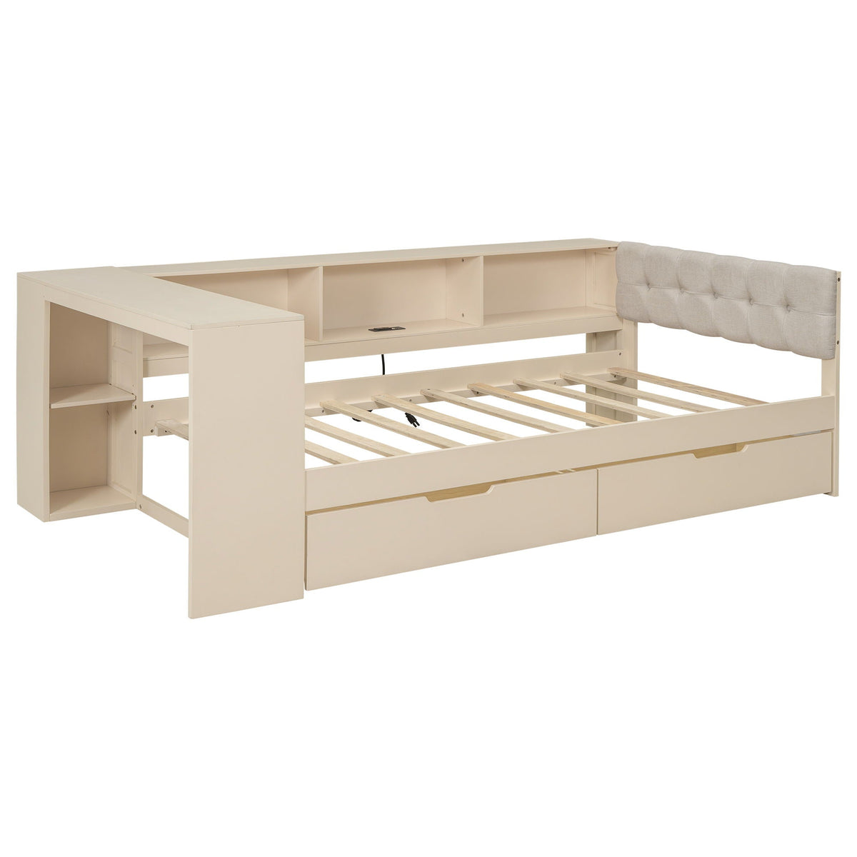 Upholstered Headboard Storage Bed with Shelves, Drawers, and Charging Station - Dark Gray or Beige