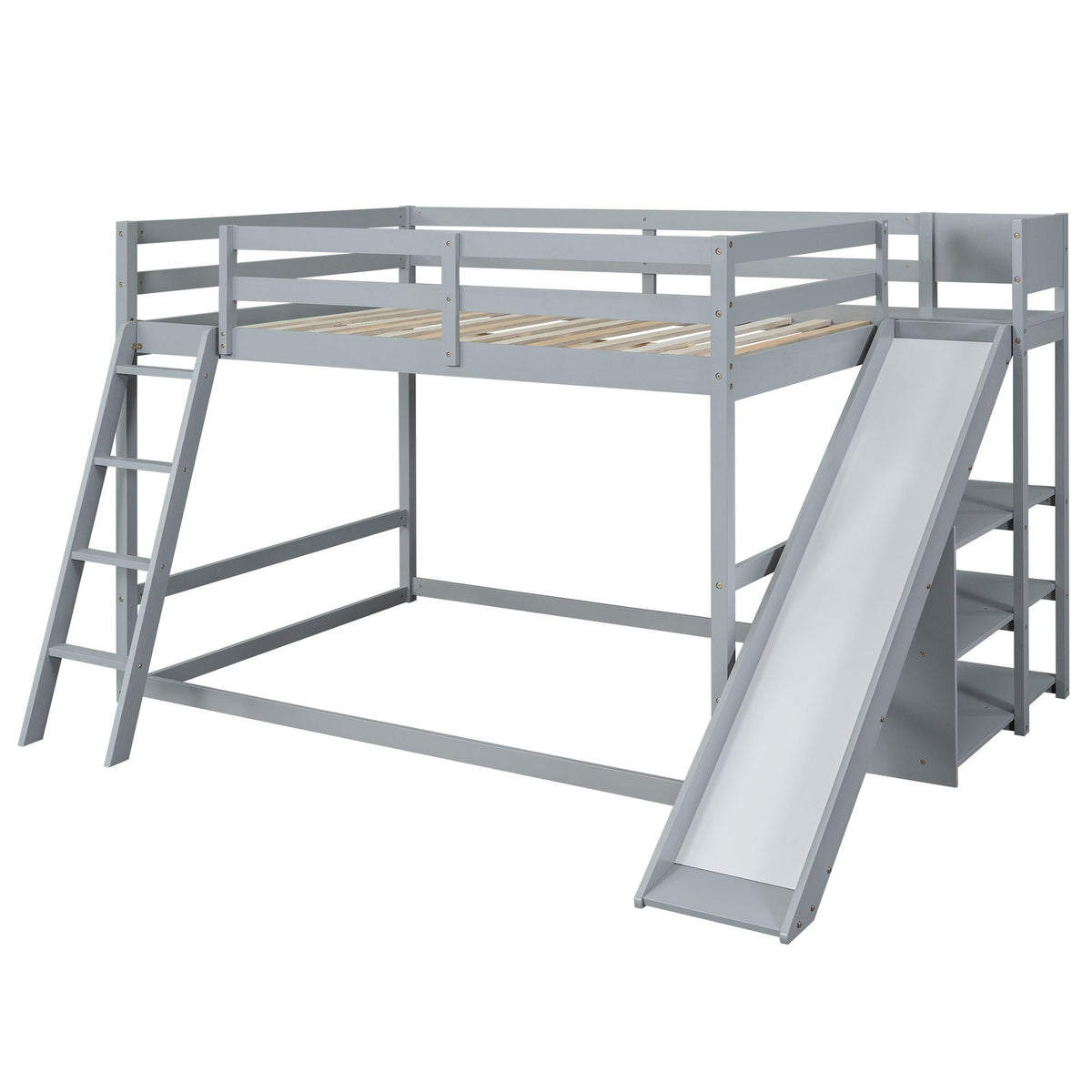 Bunk Bed With Ladder, Slide, and Shelves - Pine Wood, Full Over Full