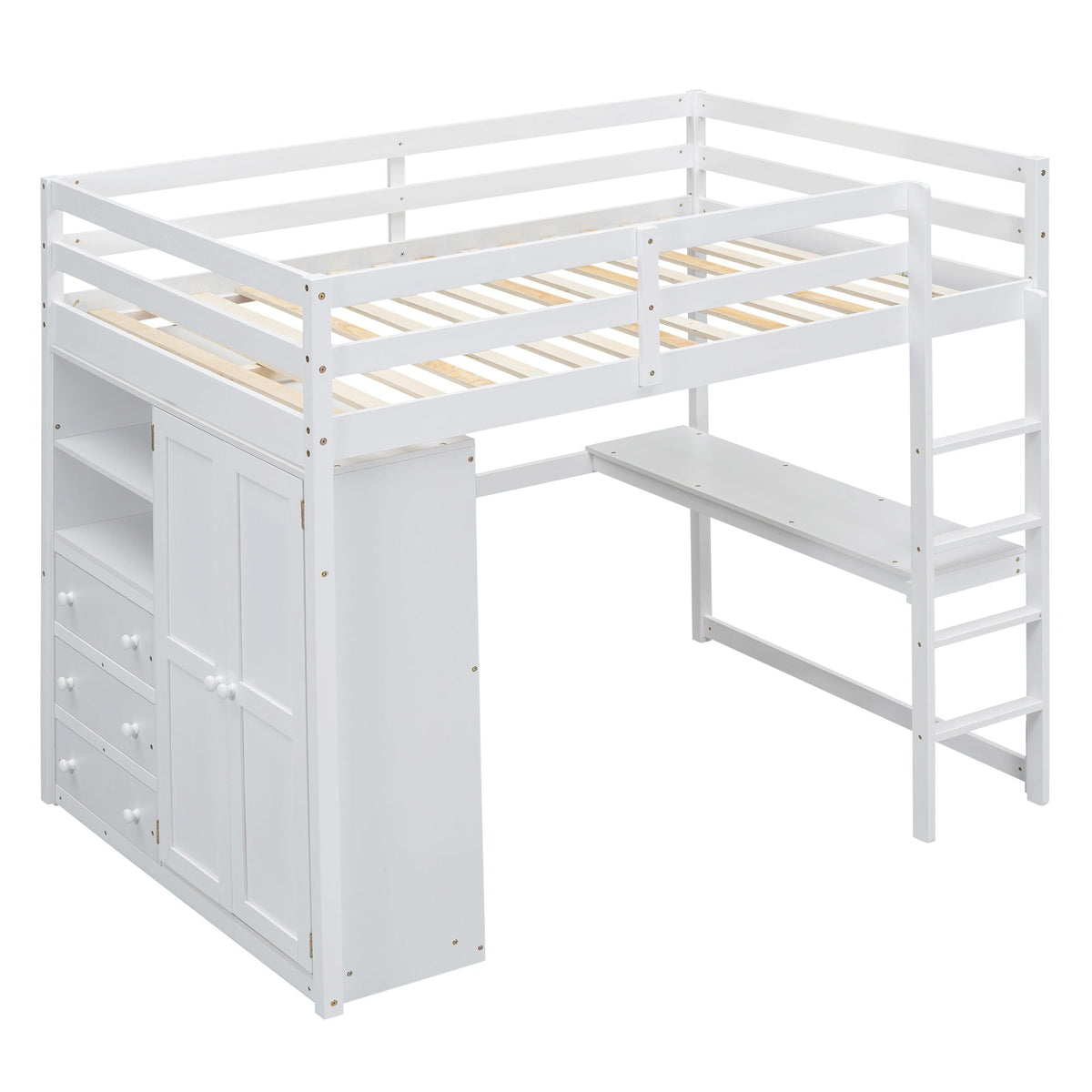 Full Size Loft Bed with Built-In Wardrobe, Shelves, and Drawers - White or Dark Gray