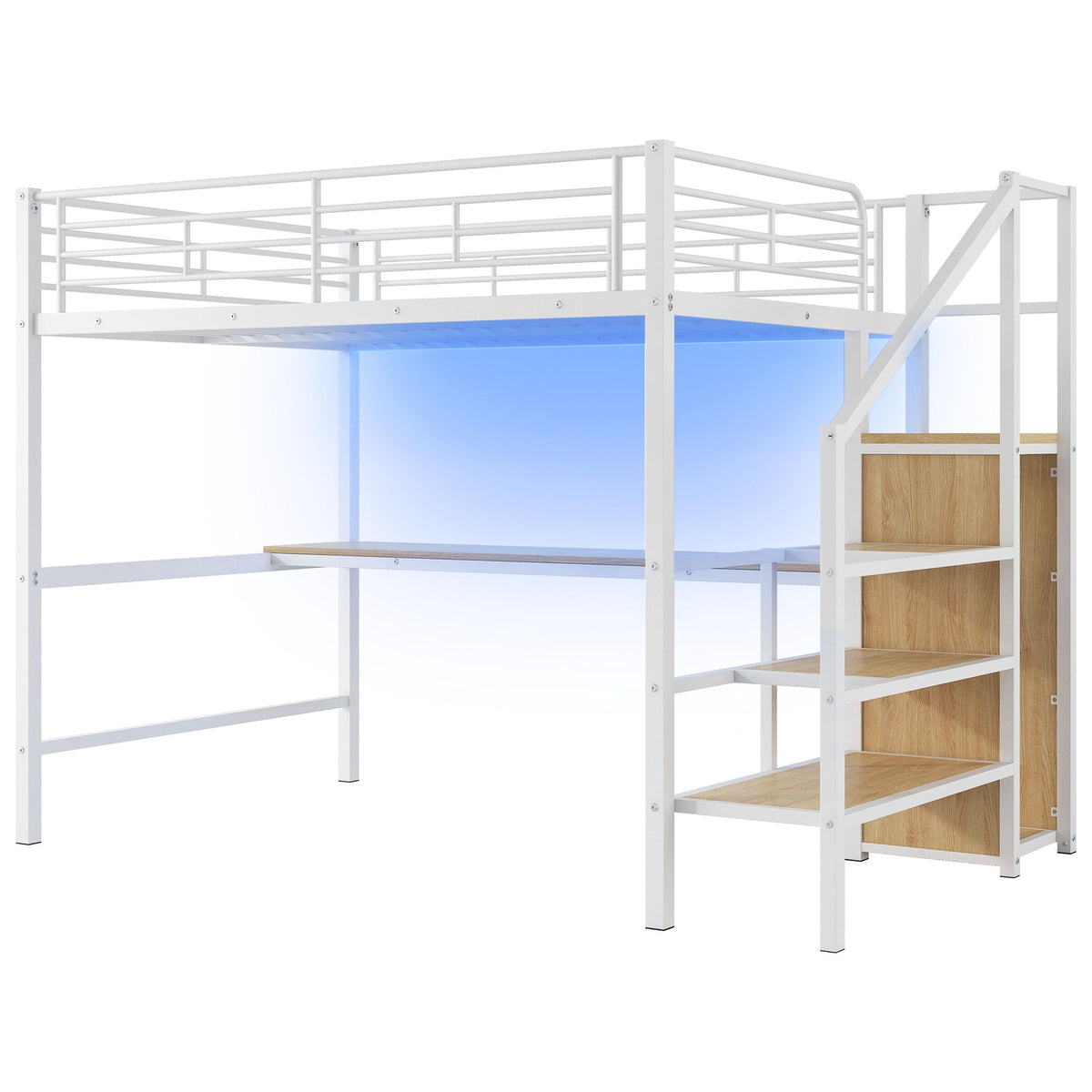 Full Size Loft Bed with Desk, Storage Staircase & Wardrobe - Black or White