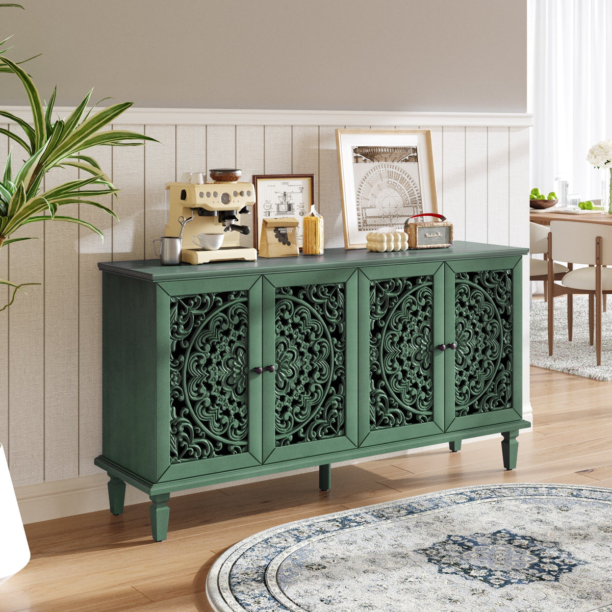 60-Inch Antique Buffet Cabinet with Floral Carvings - Antique Green