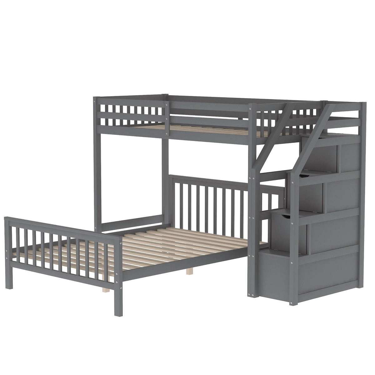 Loft Bed With Staircase and Storage - Twin Over Full, Guardrails - White or Dark Gray