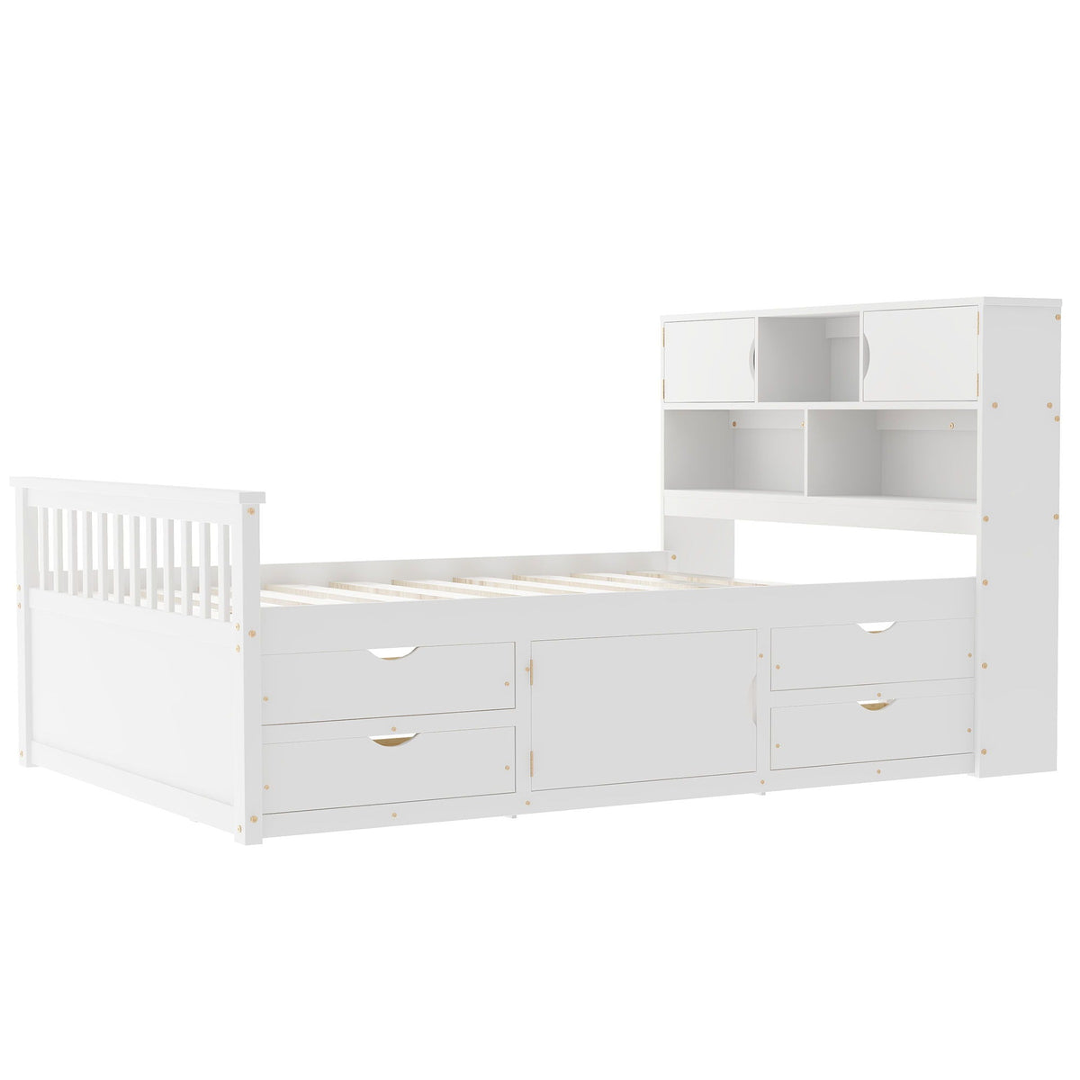 Captain Platform Storage Bed with Bookcase Headboard & 4 Drawers - White or Dark Gray