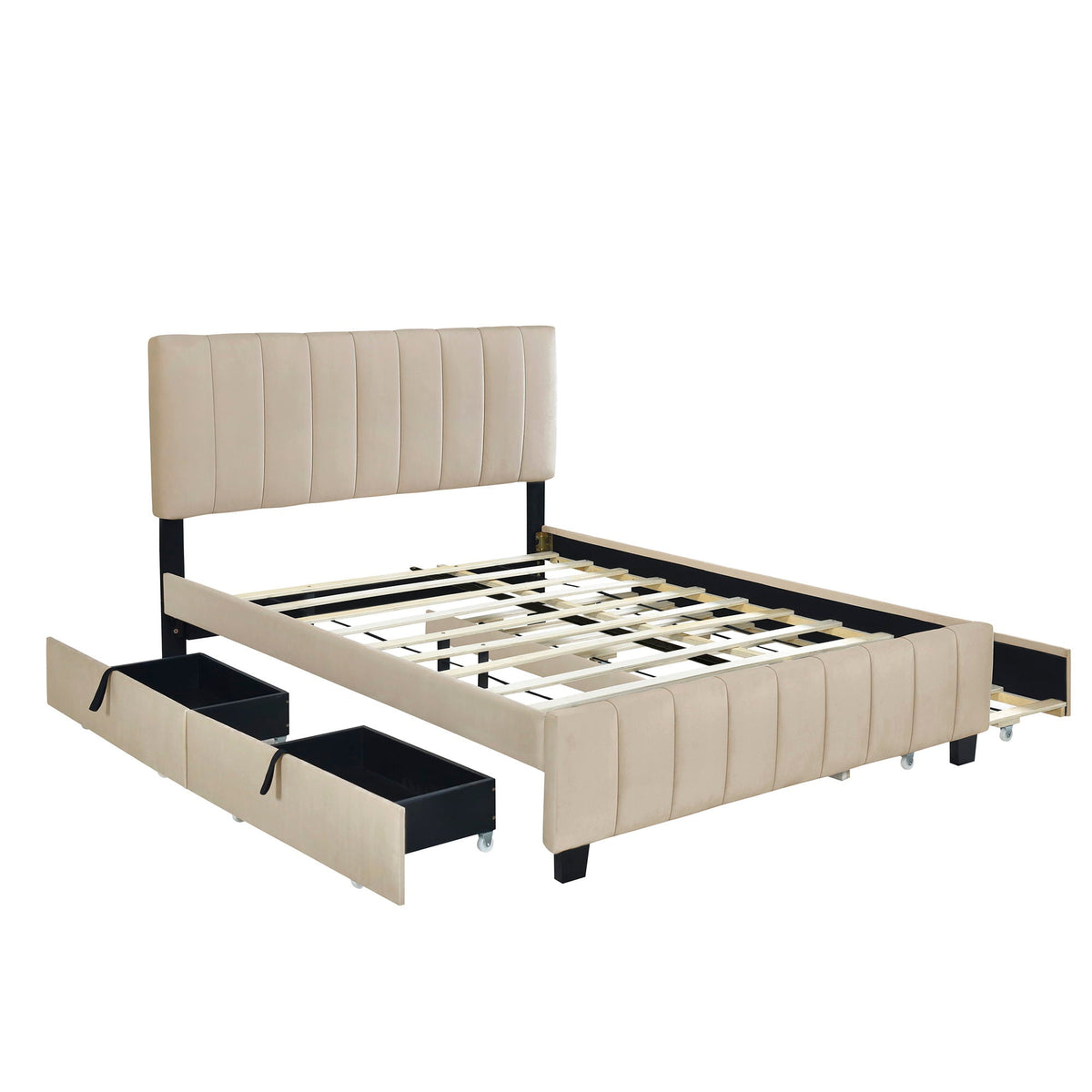 Platform Upholstered Bed with Drawers and Twin Long Trundle - Queen Size