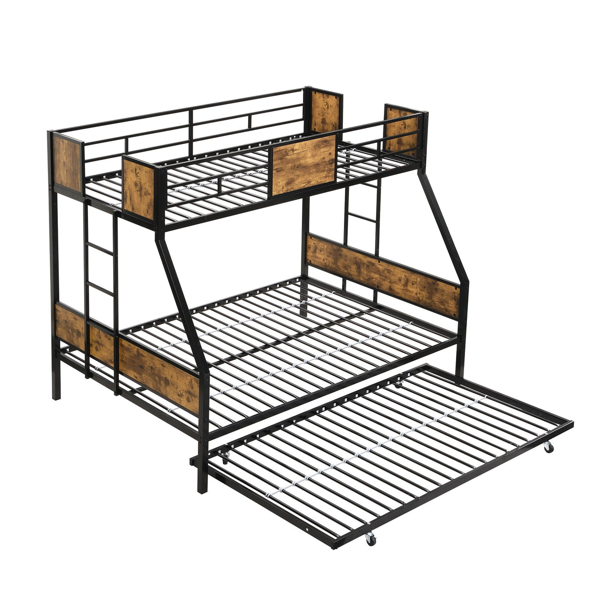 Modern Metal Bunk Bed with Side Ladders and Guardrail - Black