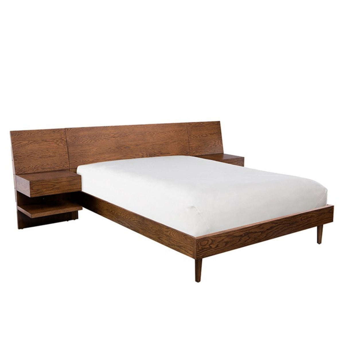 Queen Size Storage Bed with Attached Nightstands and Hidden Storage - Pecan
