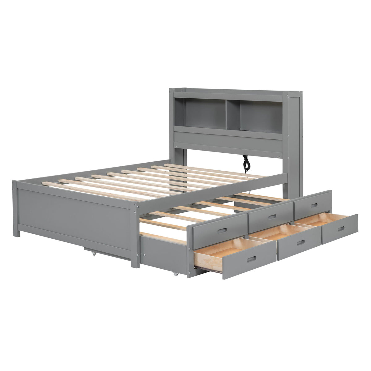 Full Size Platform Trundle Bed with Drawers and USB Ports - Gray