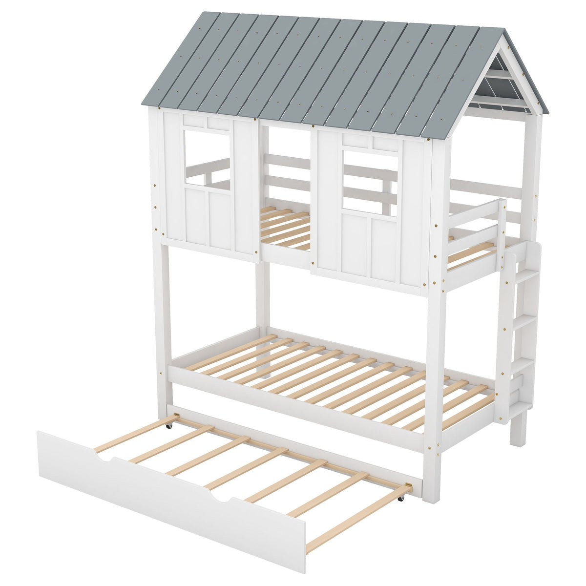 Twin Size House Bunk Bed with Trundle and Roof and Windows - White / Gray