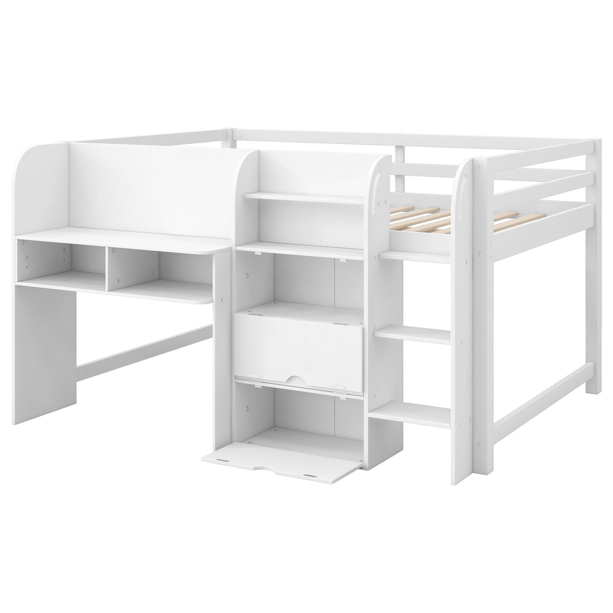 Low Loft Bed With Built In Desk, Storage Cabinets, Open Bookcase And Doodle Board