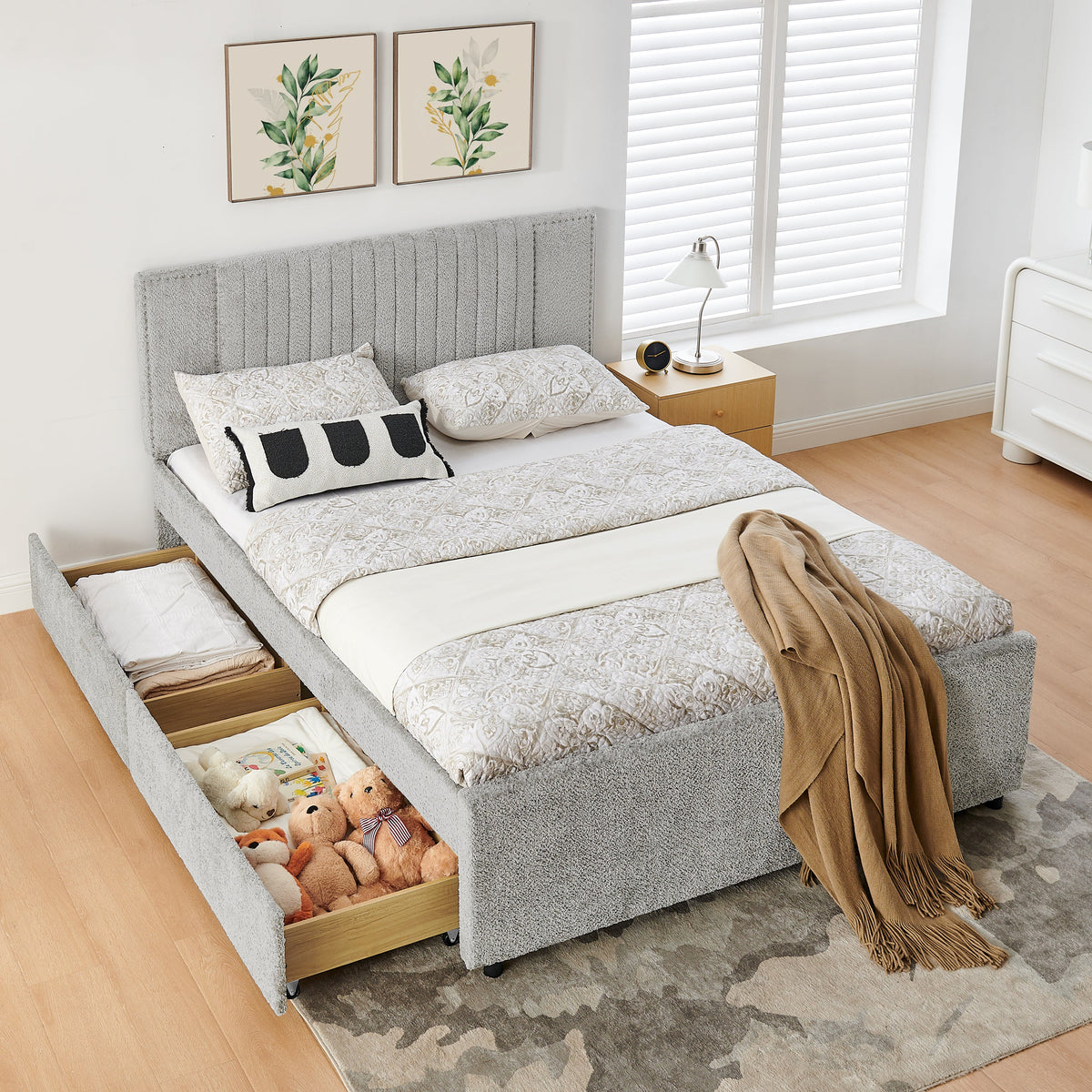 Queen Size Vertical Channel Tufted Headboard & Nailhead Trim Space Saving Upholstered Bed, Multi-functional Design with 2 Storage Drawers and Pull-out Trundle Bed, Chenille