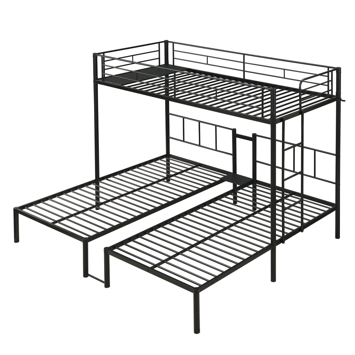 Triple Twin Bunk Bed with Safety Rails and Storage Shelf - Black