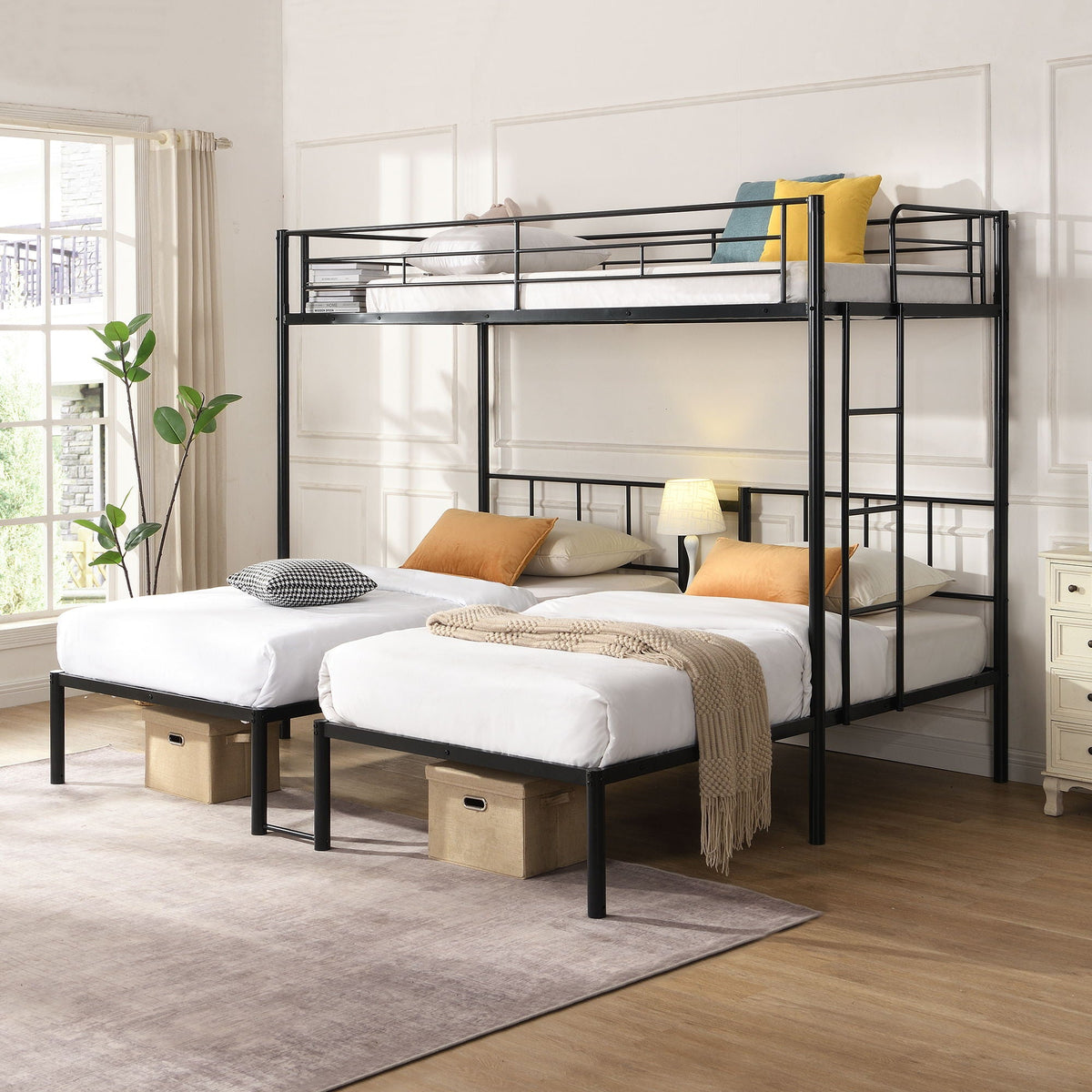 Triple Twin Bunk Bed with Safety Rails and Storage Shelf - Black